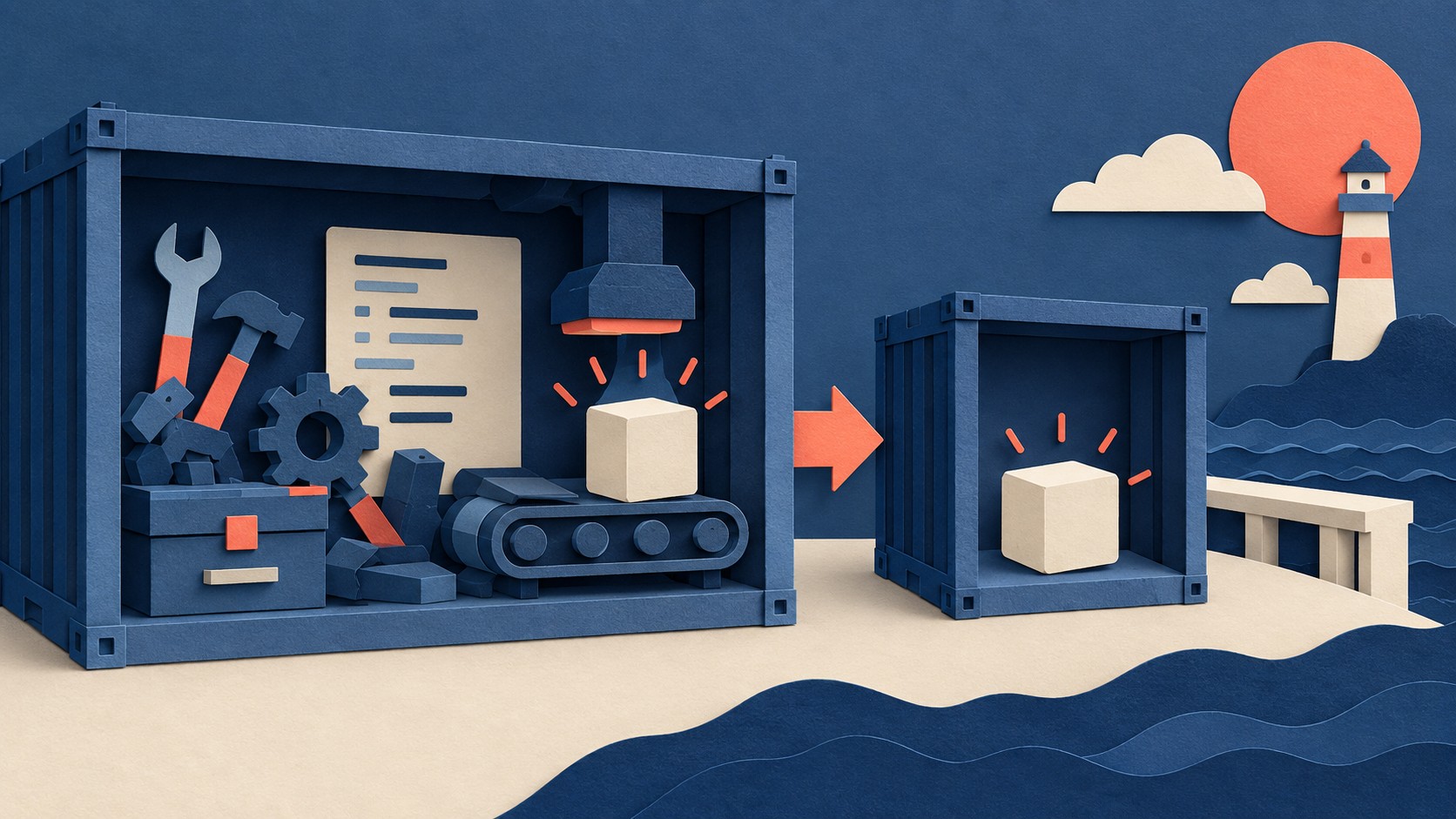 A large container of tools feeds a separate small container holding only a finished cube.