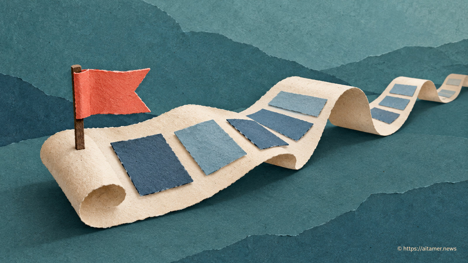 A coral flag marks the beginning of a curling cream paper ribbon carrying blue rectangular tiles.