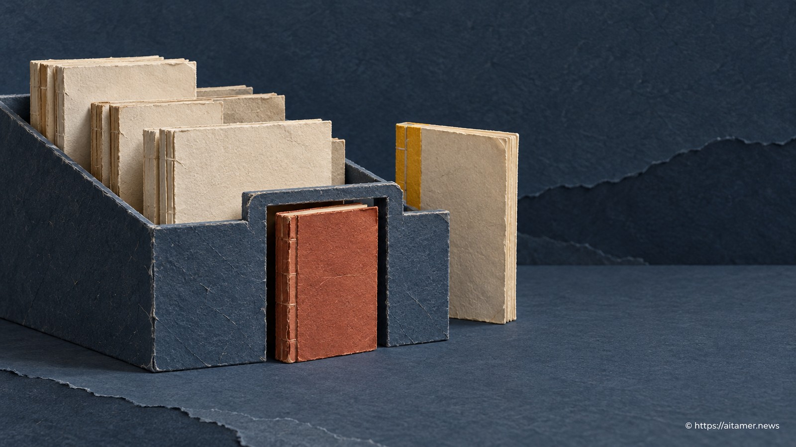 A rust-colored booklet fits a blue sorting-tray opening while a taller cream booklet waits outside.