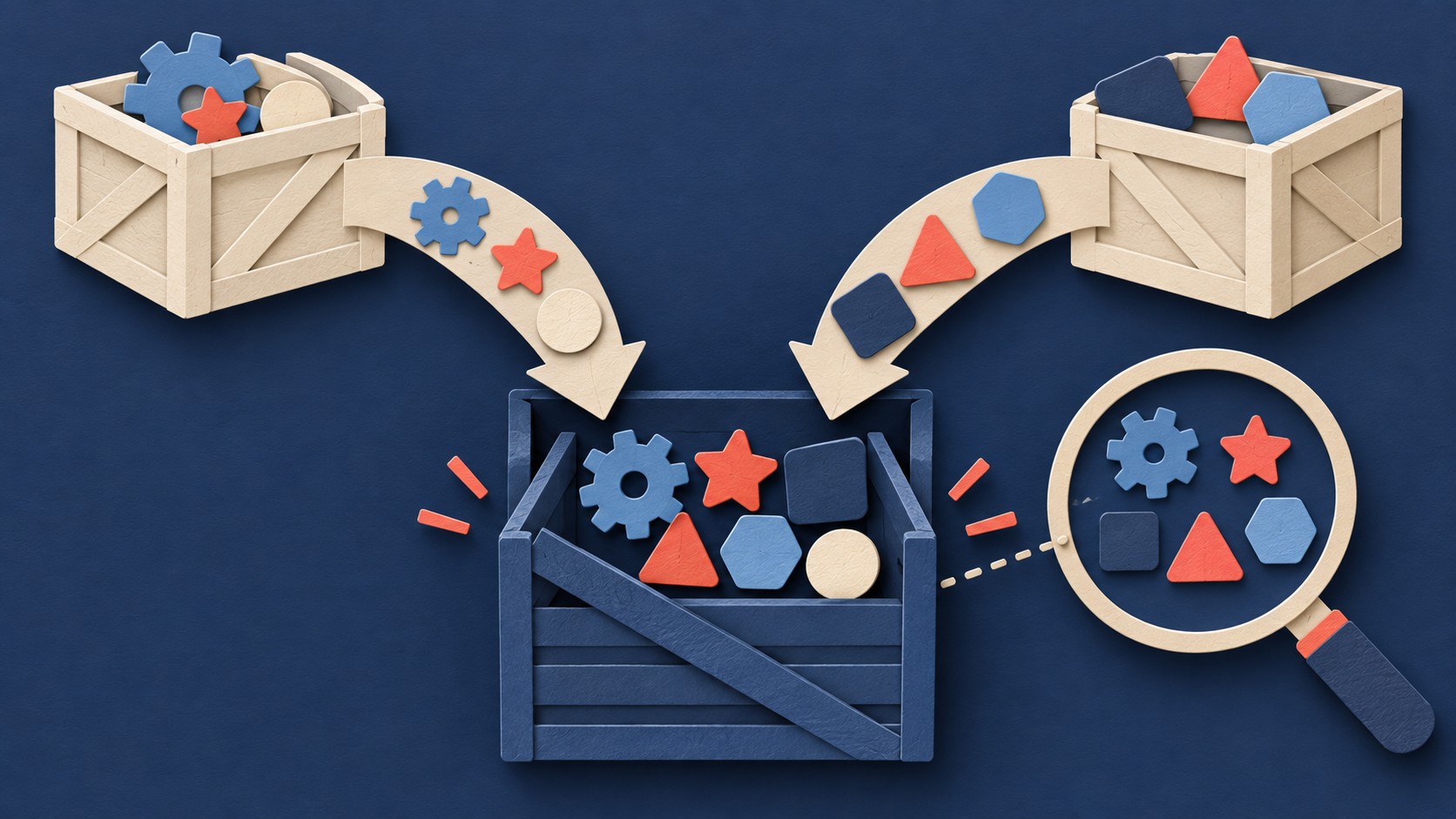 Two groups of crates feed one central crate containing their combined colored shapes.