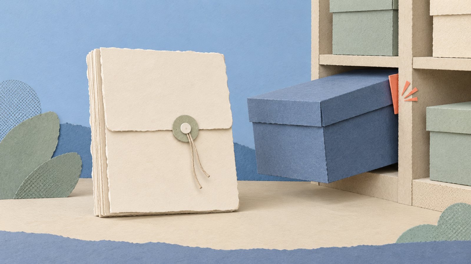 A calm paper-cut collage of a locked ledger beside an updated box that almost fits its shelf.
