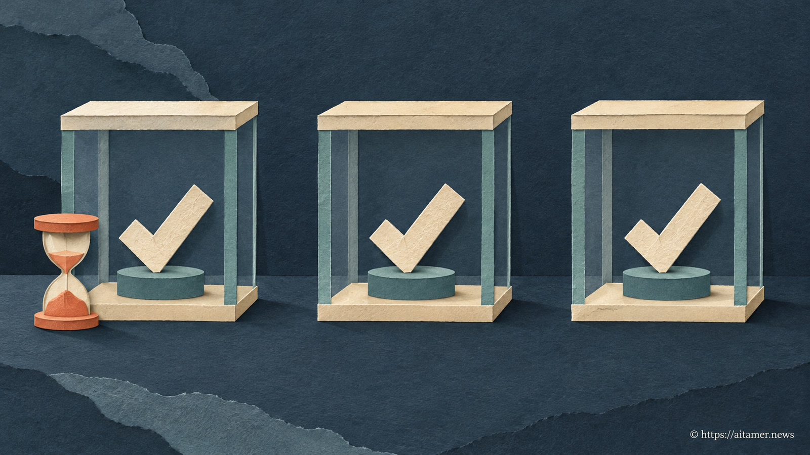 Three separate cream-and-teal paper frames each enclose a cream check shape, with a coral hourglass beside the first frame.