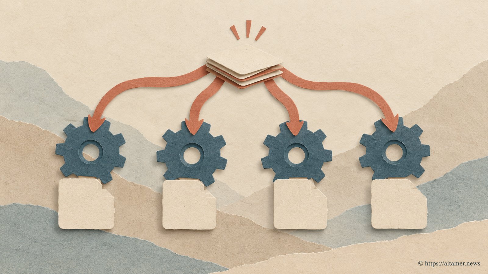 Four blue paper gears feed separate blank cards from one shared, nearly depleted stack of memory tiles.