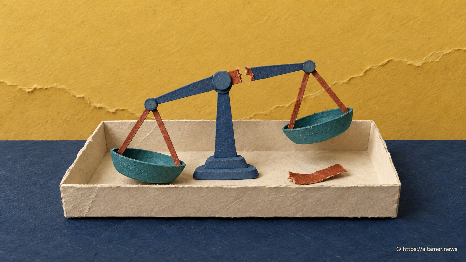 A skewed paper balance with a torn connector remains safely inside a tray, with the broken fragment contained beside it.