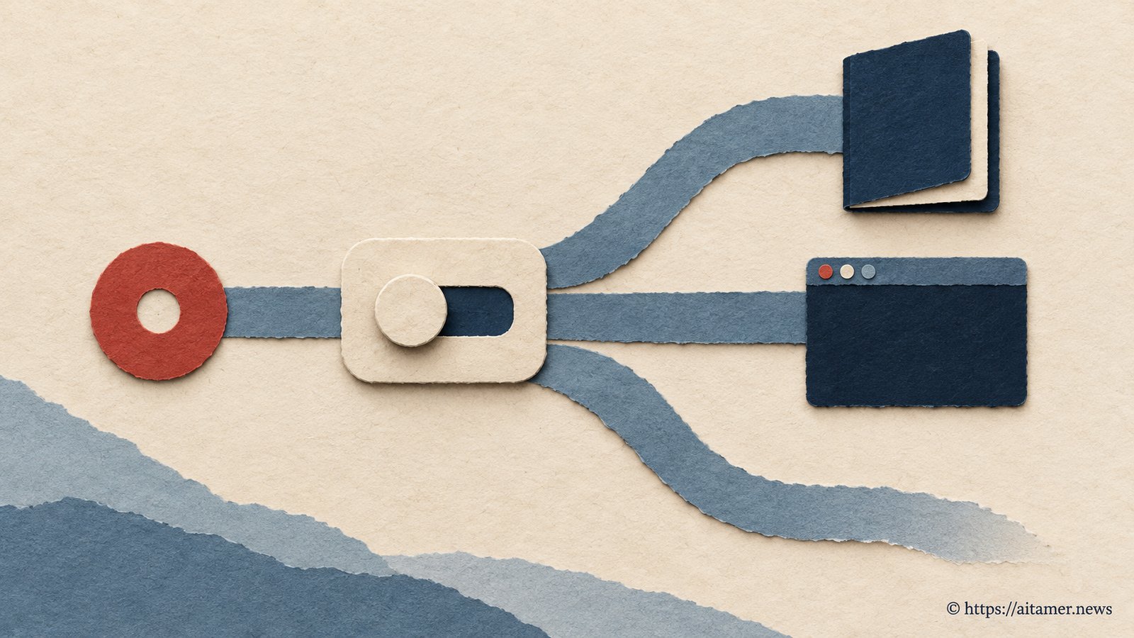 A layered paper breakpoint marker is routed by a single switch toward a debugger notebook, a terminal, or nowhere.