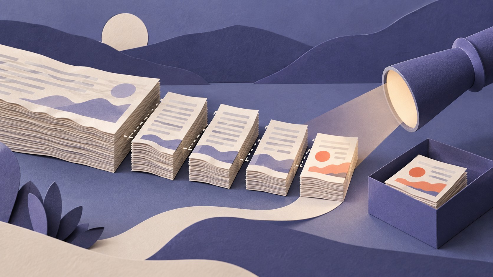 A long paper document becomes smaller stacks, with a lamp highlighting one selected piece.