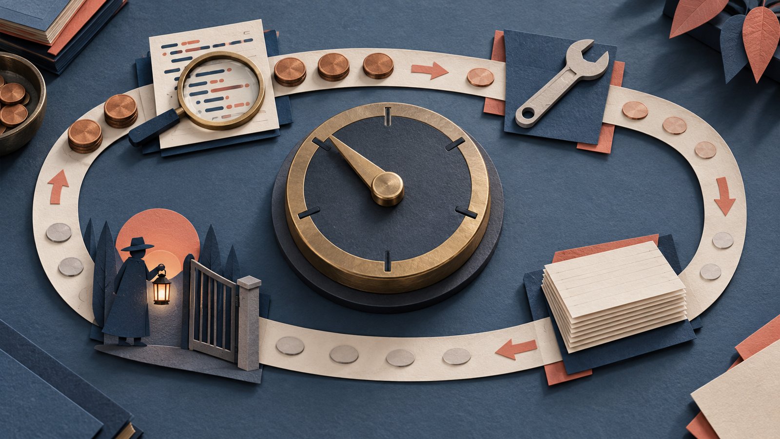 A paper-cut collage seen from above: a brass dial with five notches sits at the centre of a looping paper ribbon that passes a magnifying glass over code, a wrench, a stack of index cards and a small figure with a lantern at a gate, while the coins along the ribbon grow smaller and lighter.