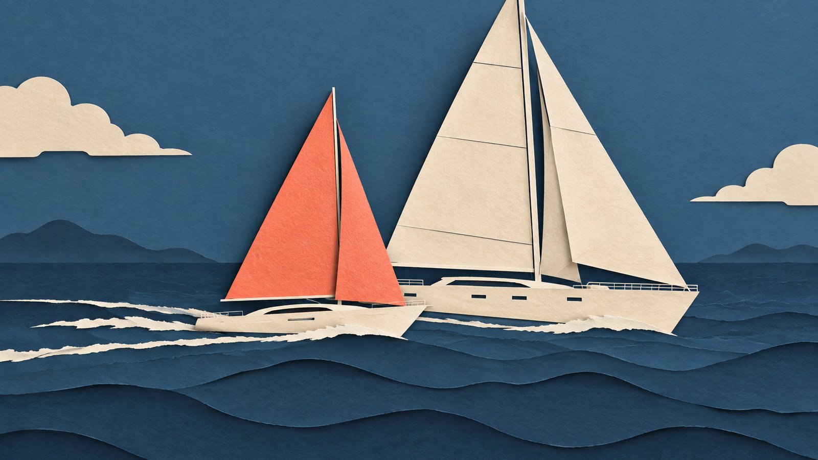 A paper-cut collage of a small, sleek sailboat with a coral sail pulling level with a larger cream sailboat across a slate-blue sea, cream wake lines streaming behind it.