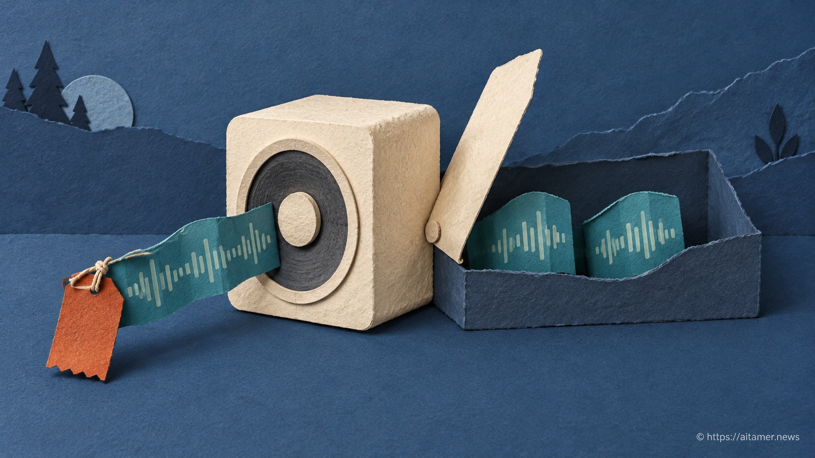 A paper speaker has delivered one tagged audio ribbon while two segments remain apart in a waiting pocket.