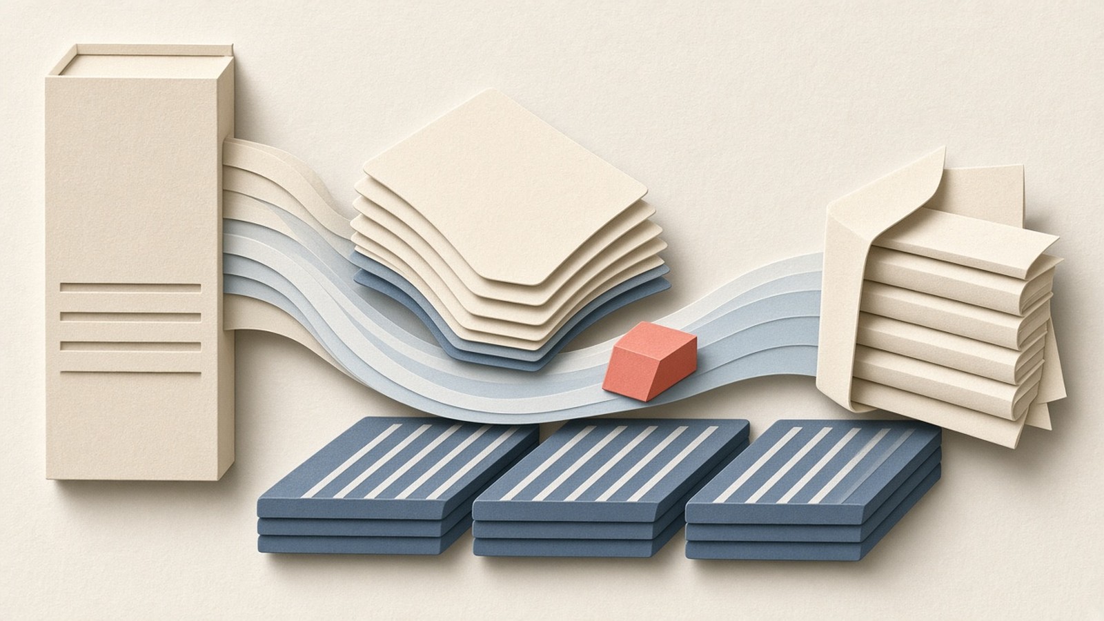 Paper-cut collage of a Postgres spine beside a backup stream that bypasses a warm page-cache stack on striped NVMe shelves, one coral O_DIRECT accent on slate fabric.