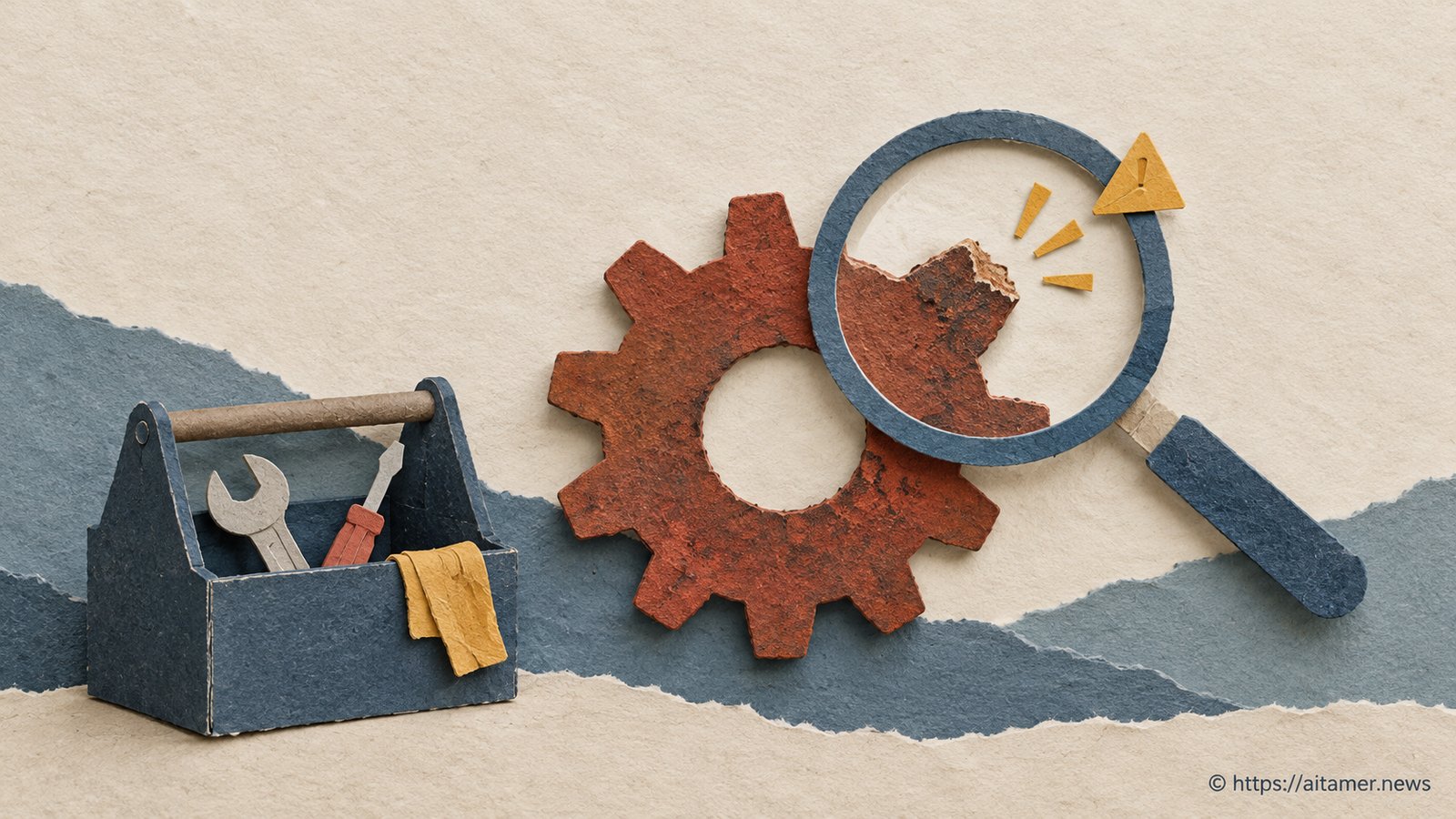 A paper toolbox and magnifying glass inspect a rust-colored gear, while a yellow warning triangle highlights its rough tooth.