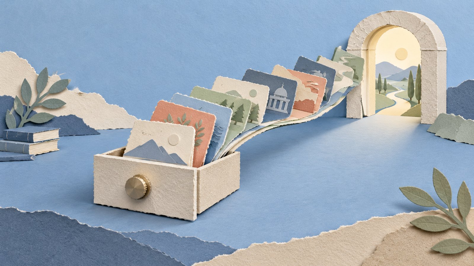 A cream paper drawer sends layered index cards through a quiet blue archway, in a soft, tactile paper-cut collage.