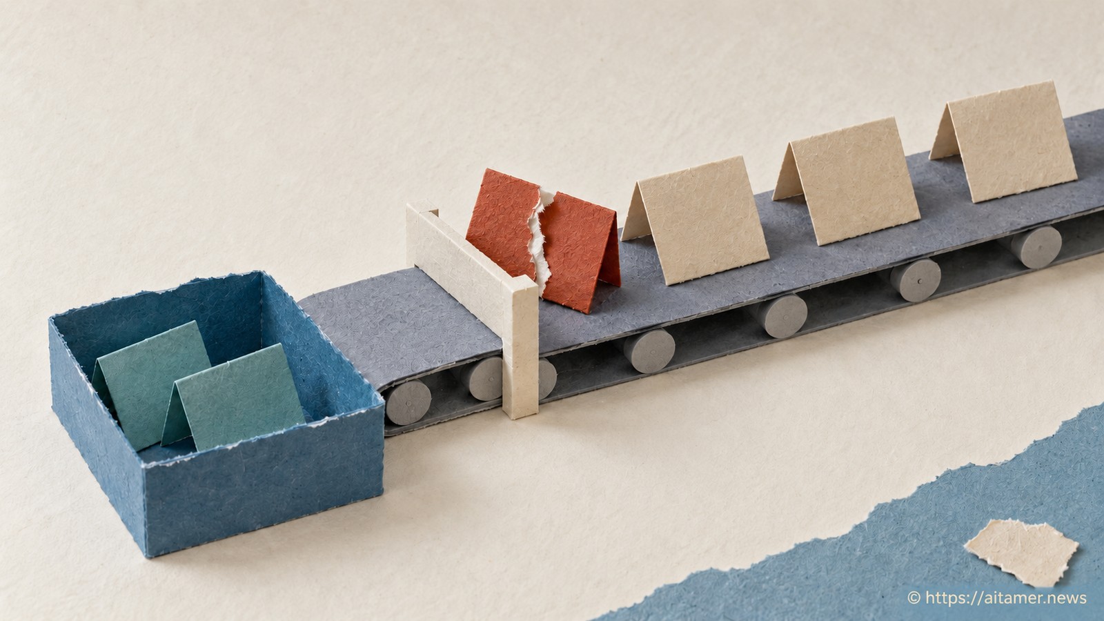 A torn rust paper cue card halts a conveyor while later cards remain untouched and earlier cards sit in a blue basket.