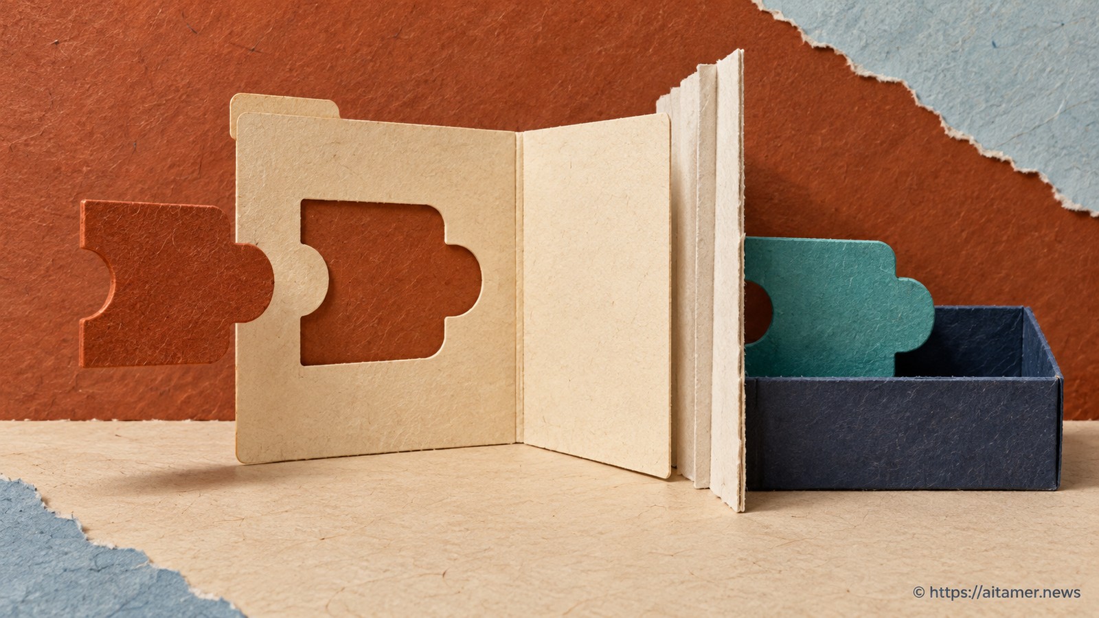 An external piece fills a configuration stencil before the resolved piece reaches a separate container box.