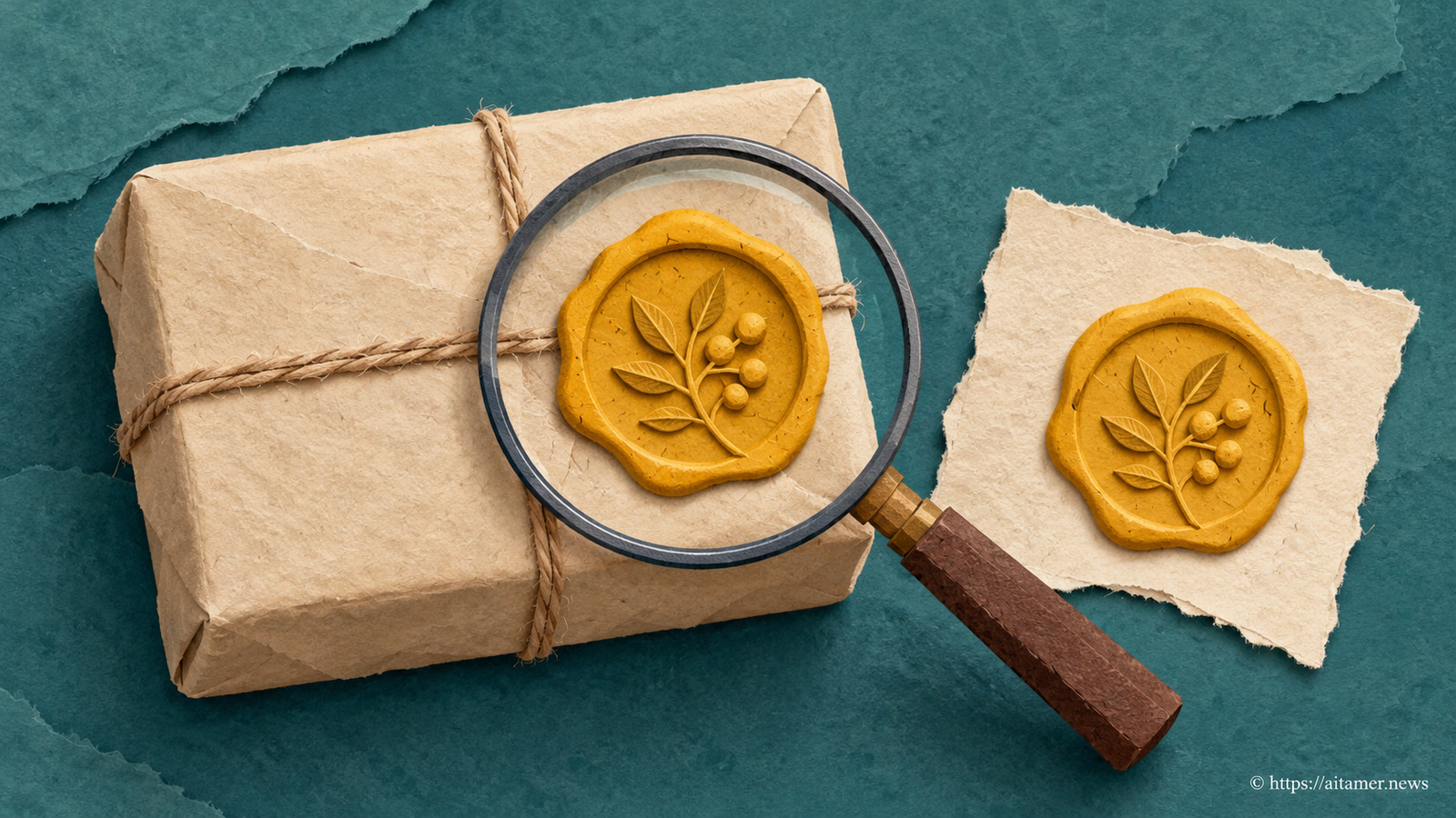 A magnifying glass compares matching leaf impressions on two yellow wax seals.