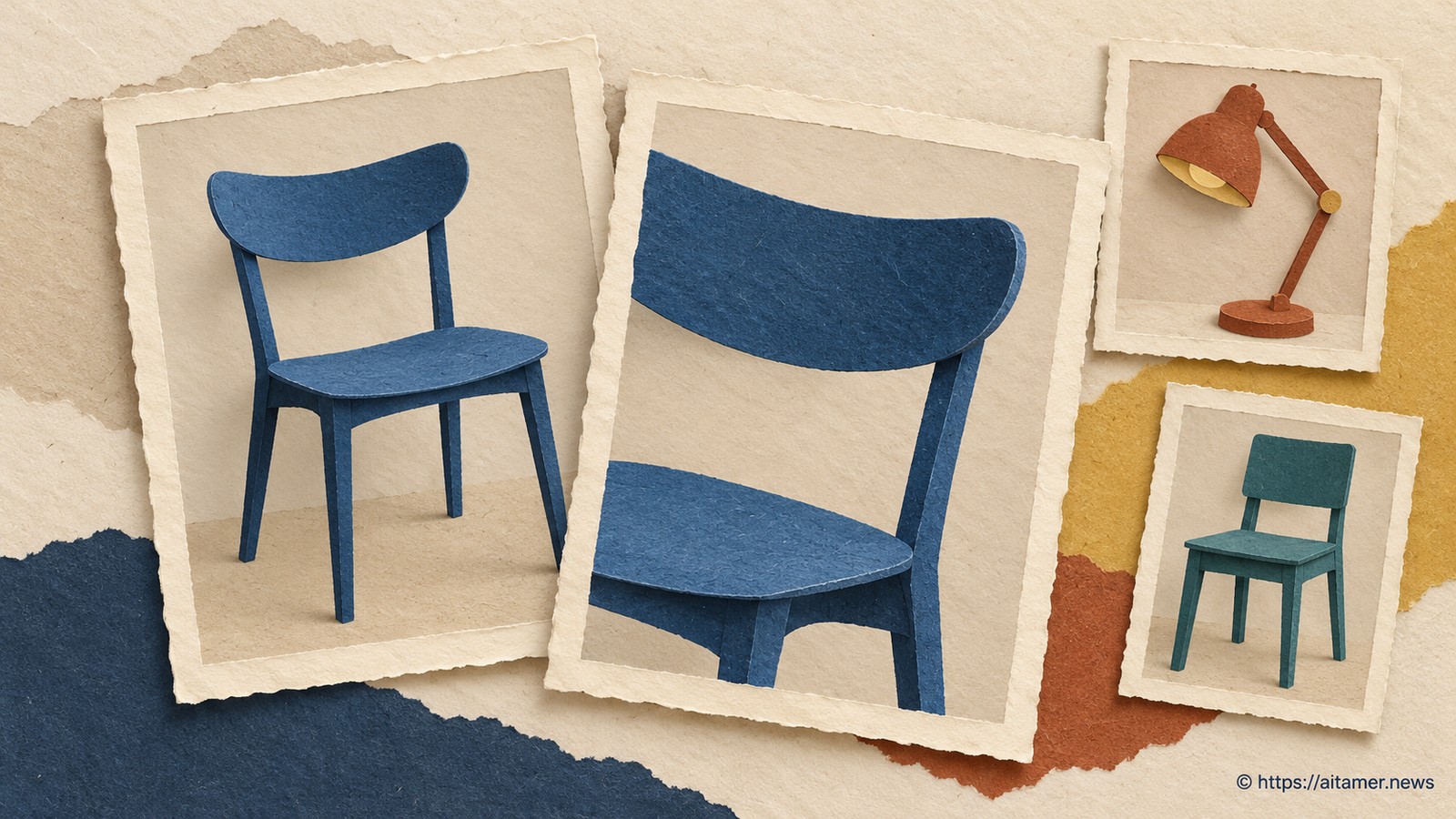 Two large paper frames show different crops of the same blue chair beside smaller rust-lamp and distinct teal-chair frames.