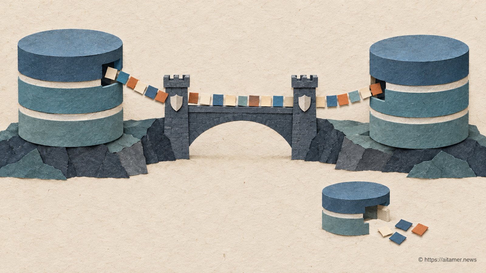 A paper database sends a stream of tiles across a guarded bridge to a second database, with a loose incomplete copy set aside.