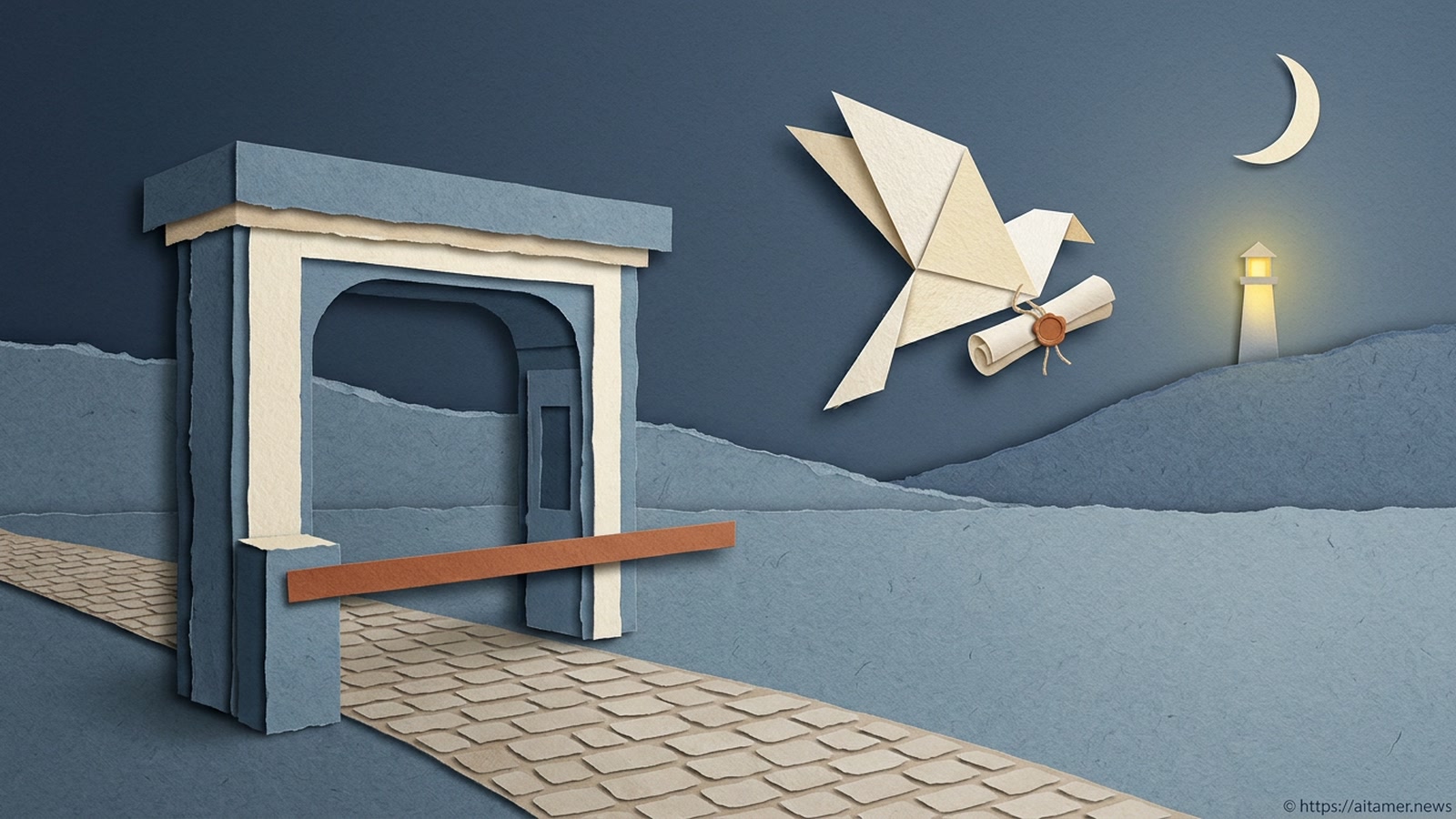 A paper dove carries a sealed scroll toward a stone gateway whose road is closed by a lowered barrier.