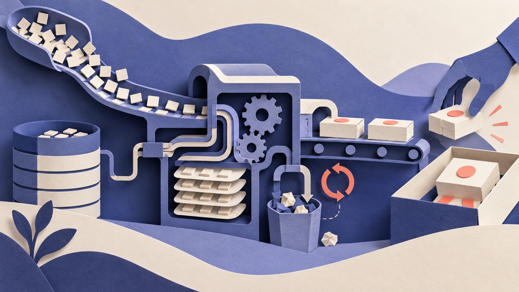 Paper pieces pass through a machine with a retry loop before a hand collects completed parcels.