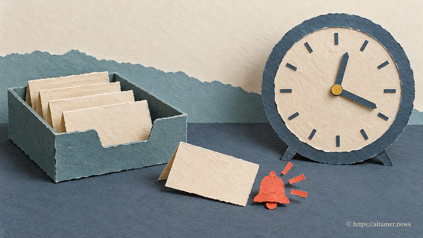 A folded task card lies beside a paper clock and work tray, with a small coral bell nearby.