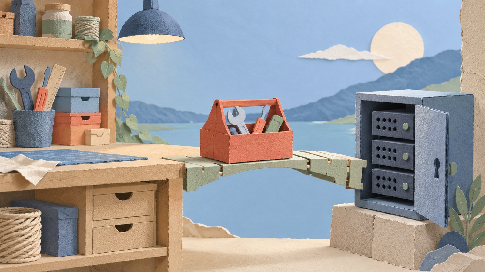 A paper tool chest crosses a small paper bridge into a compact server cabinet, rendered as a calm, layered collage in soft blue, coral, cream, sand, sage, and slate.