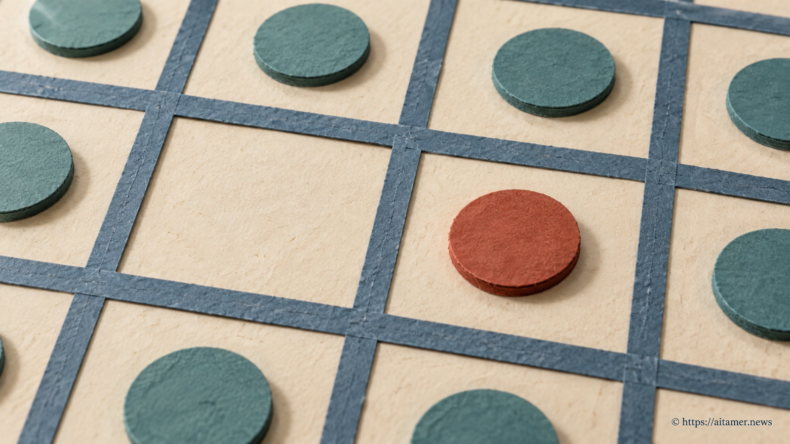 A cream paper grid has an empty cell beside a rust-colored disk, with teal disks in surrounding cells.