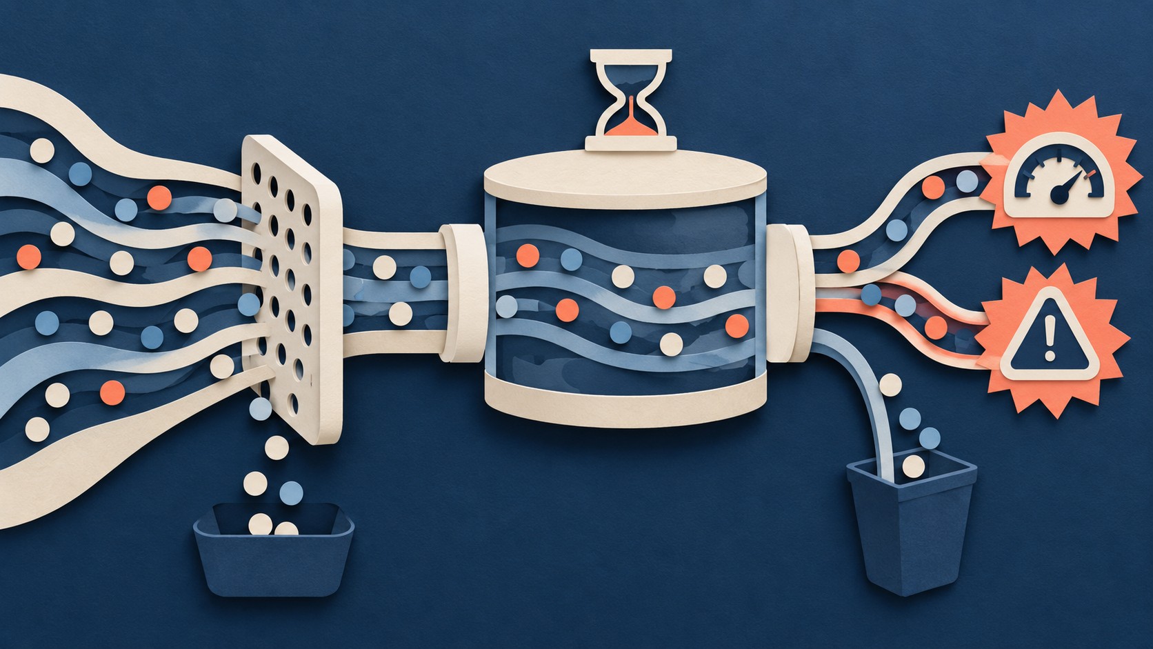 Colored trace lines pass through a sieve and hourglass before selected records are kept or discarded.