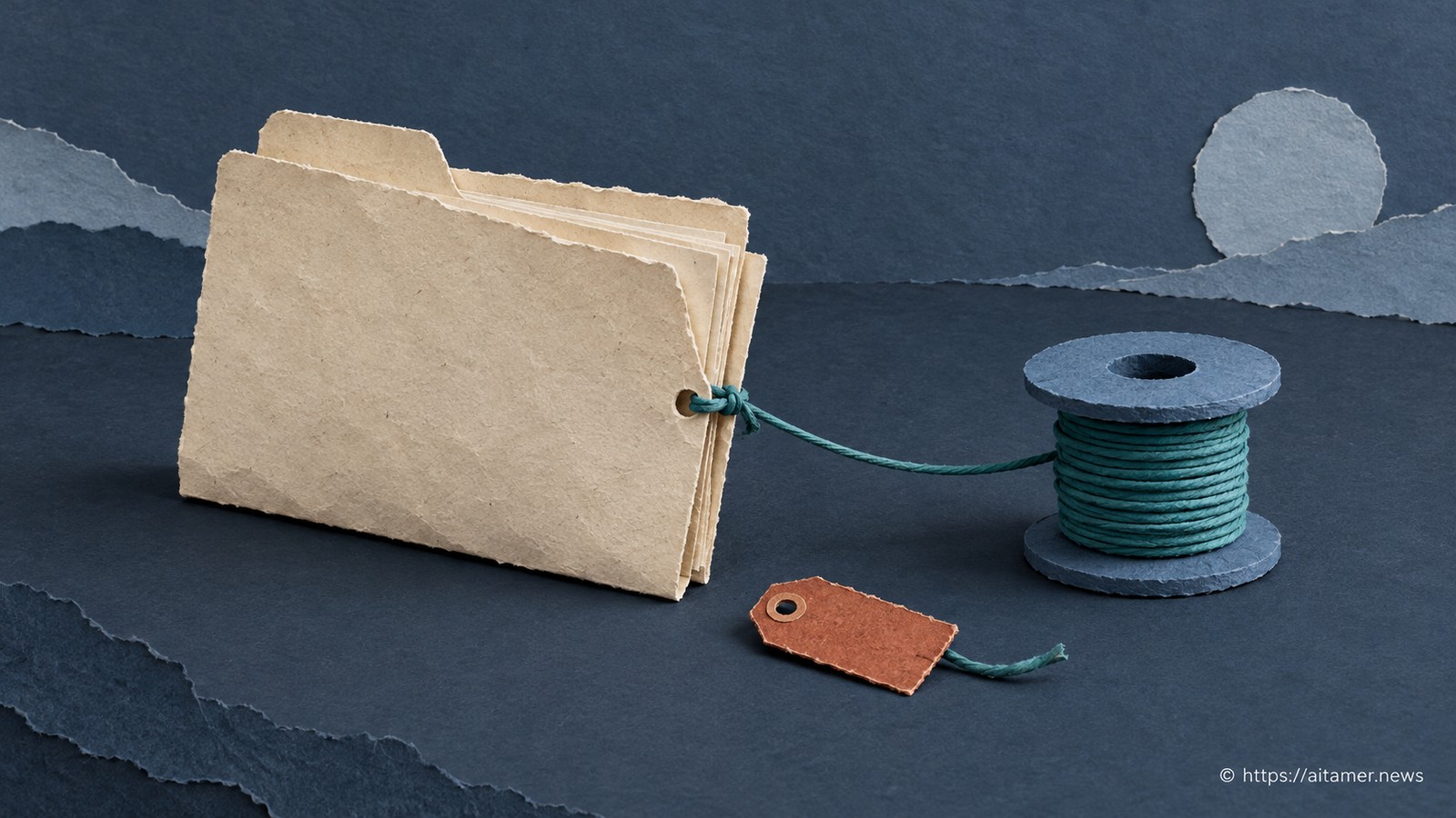 An unlabelled cream paper file remains tethered to a blue spool after its rust name tag is detached.