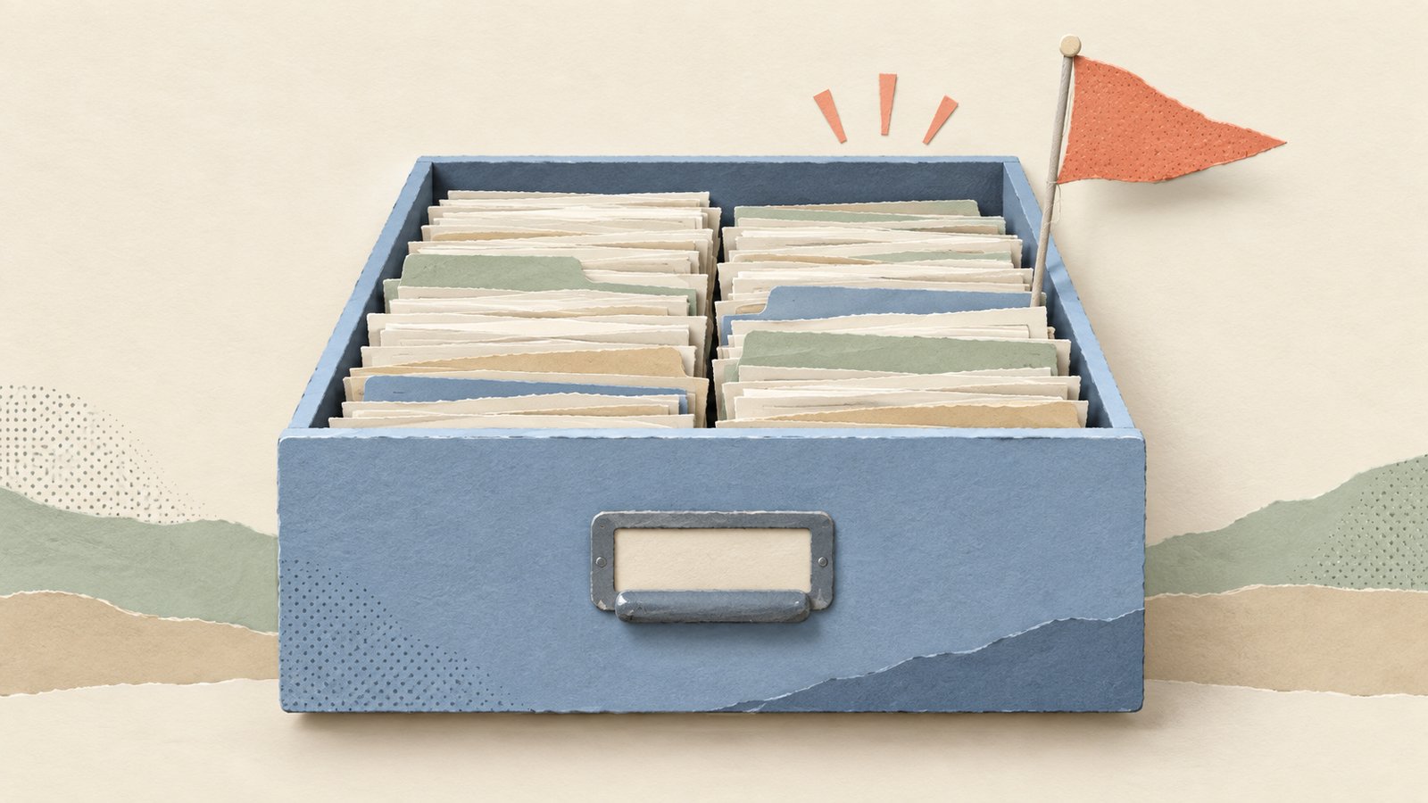 A nearly full paper drawer with a small coral warning flag, in a calm layered paper-cut collage style.