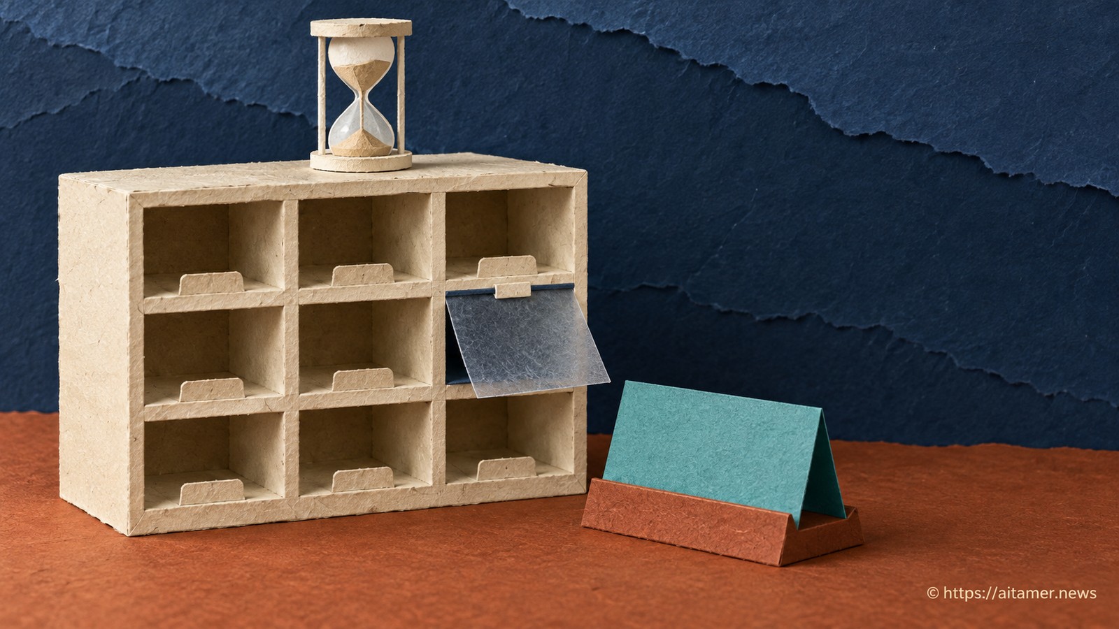 A new teal name card waits beside an empty slot whose cached blue flap remains closed under a paper hourglass.