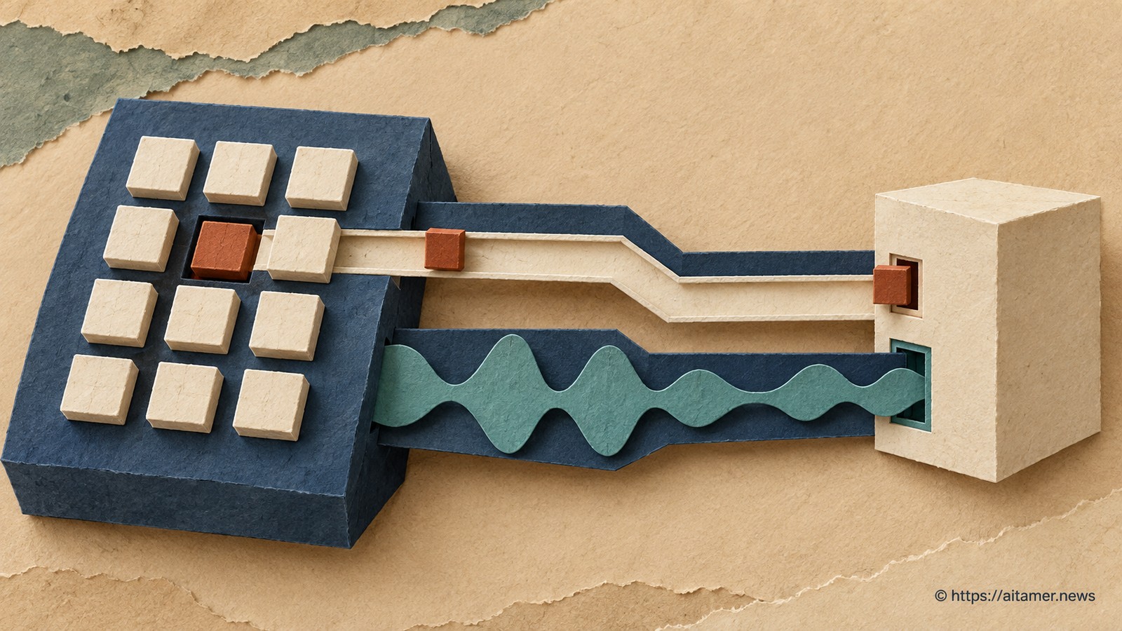A keypad token and speech waveform travel through separate paper channels into distinct slots of one command box.
