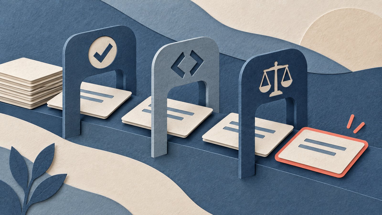 A paper-cut collage of answer cards passing through check, code, and judgment gates, with one card outlined in coral.