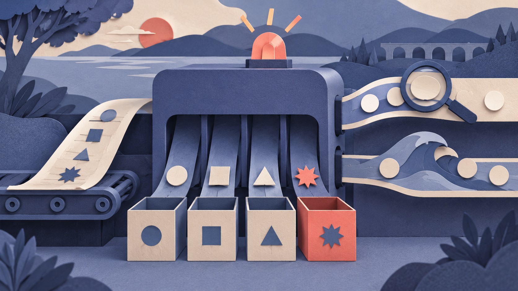 A paper machine sorts circle, square, triangle and coral star signals into matching trays.