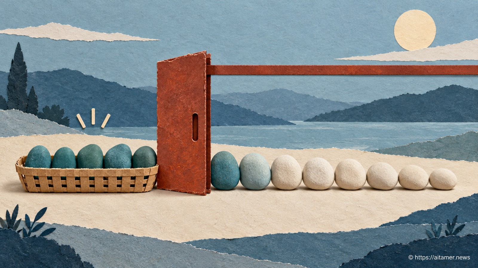 A sliding rust paper gate crosses a fixed orderly row of cream and teal pebbles. Only pebbles on one side sit in a small alert basket, the remaining pebbles stay outside. Threshold shifts the selection boundary while the score order stays fixed. Quiet layered paper hillside.