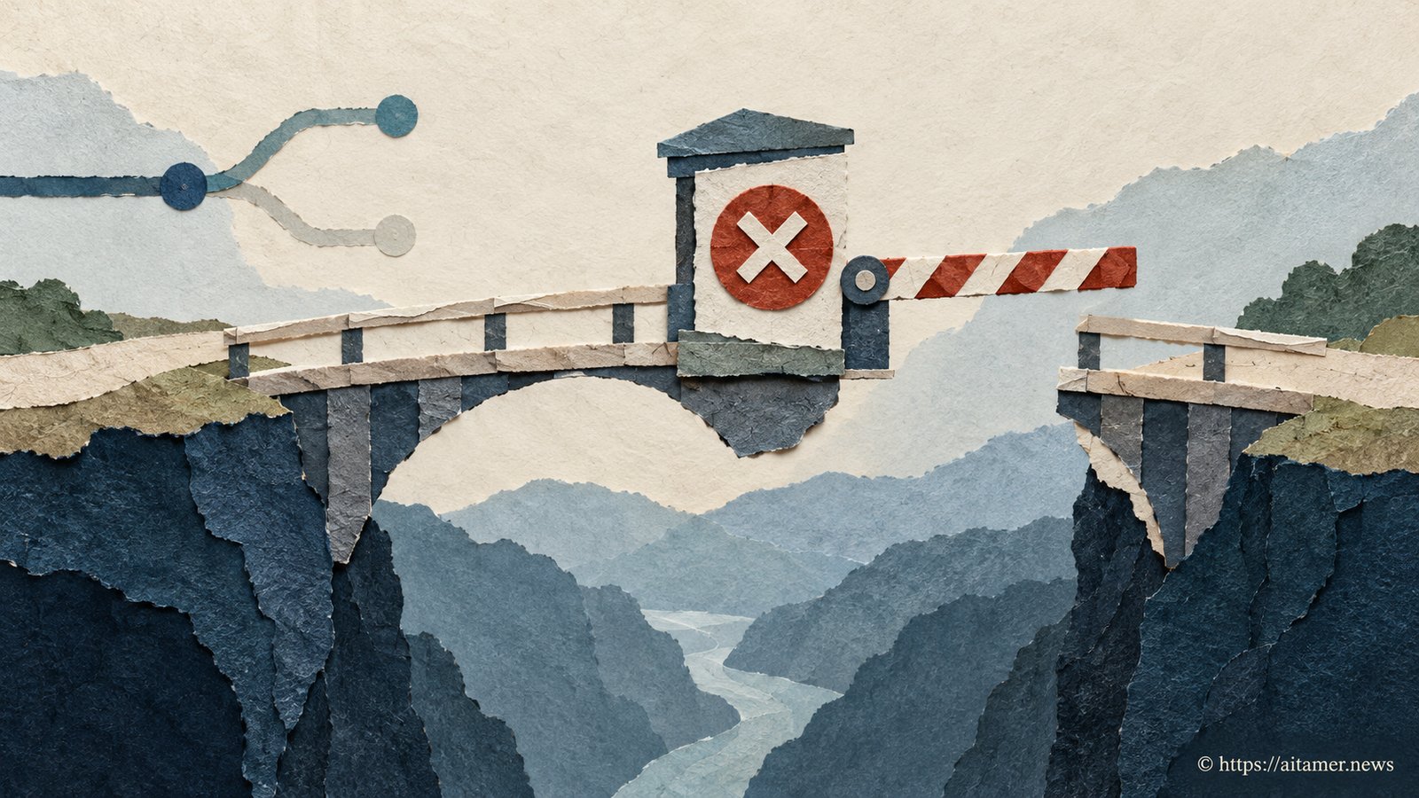 A layered paper pull request bridge is stopped by a failed prompt test gate, with a subtle branching path suggesting a check left pending.