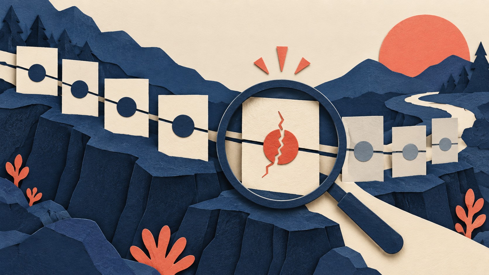 A magnifying glass isolates one broken marker among a sequence of version cards on a winding path.