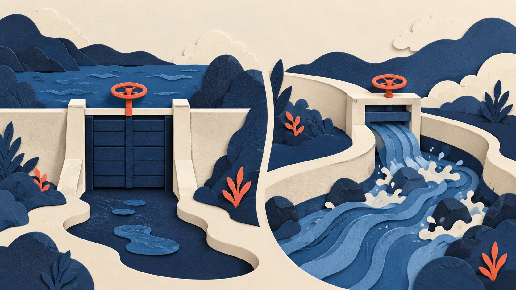 A closed water gate and a flowing channel illustrate the wait before output and the pace afterward.