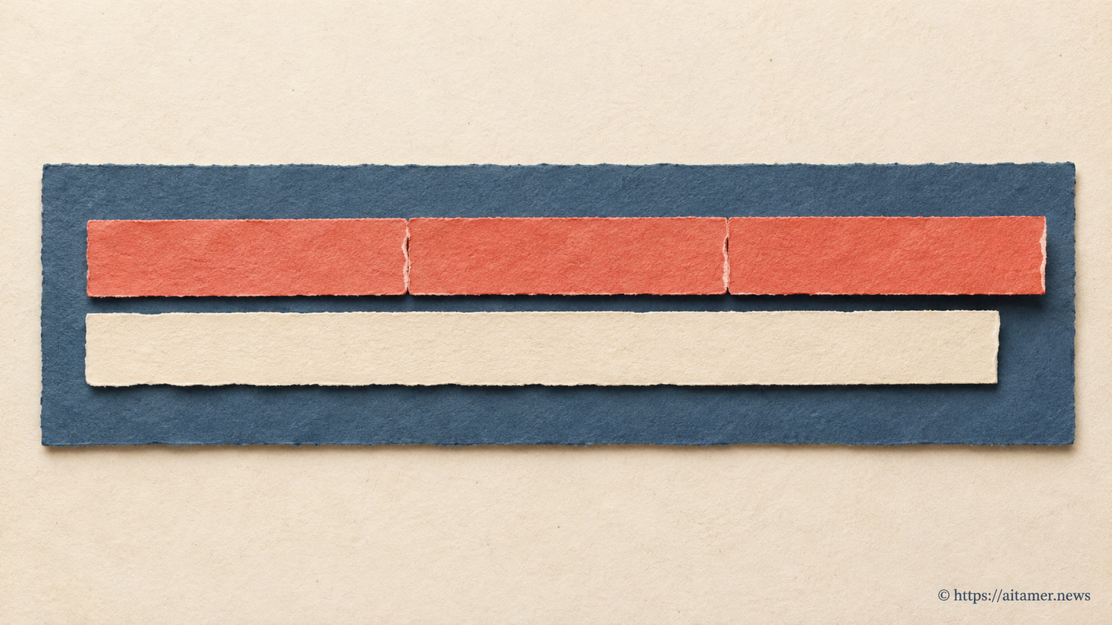 Three coral paper strips placed end to end extend slightly beyond a single cream strip on a blue backing.