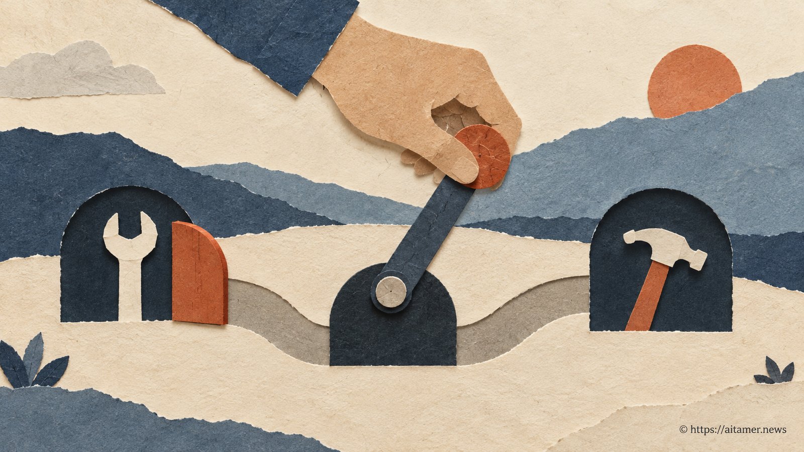 A paper selector lever directs a wrench through an open gate while a paper barrier blocks a hammer.