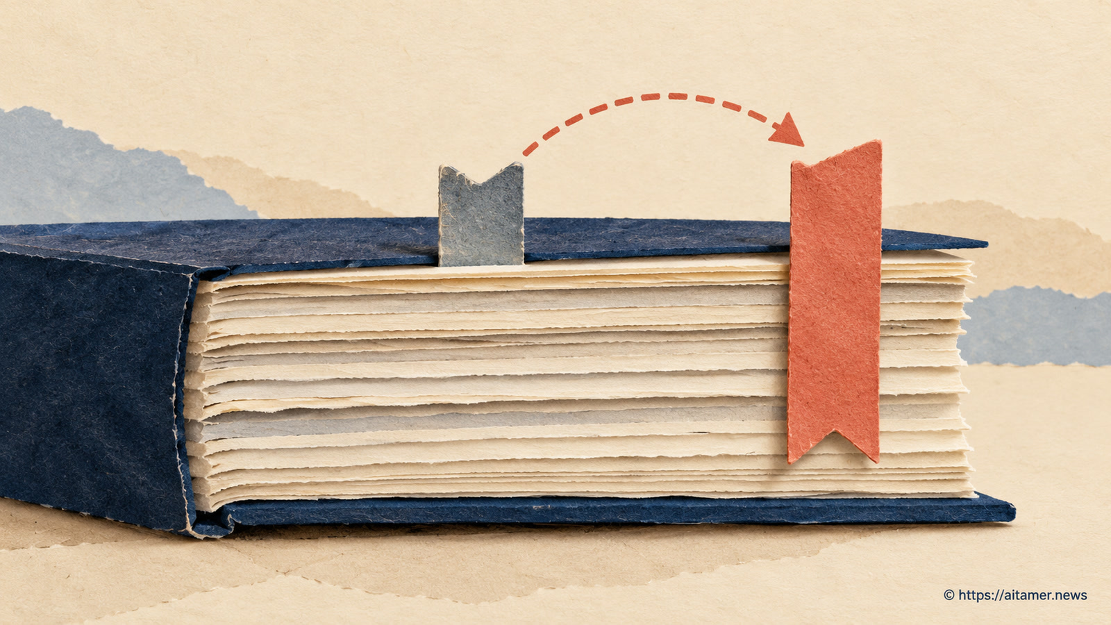 A red bookmark has moved away from an older marker on a thick paper book.