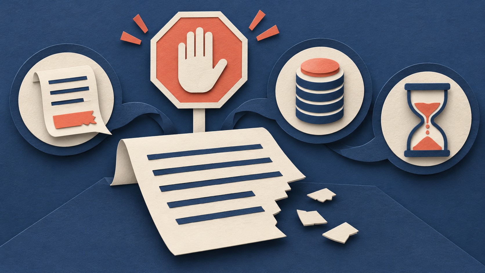A broken page sits below a stop sign, with separate document, storage, and hourglass symbols behind it.