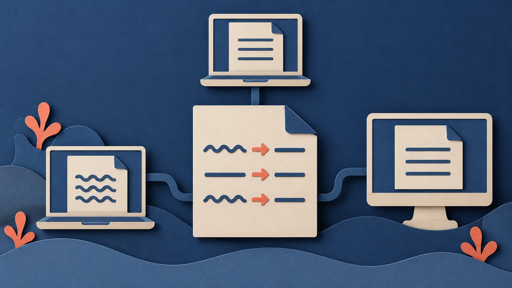 A central rules sheet connects three computers showing differently styled lines in the same file.
