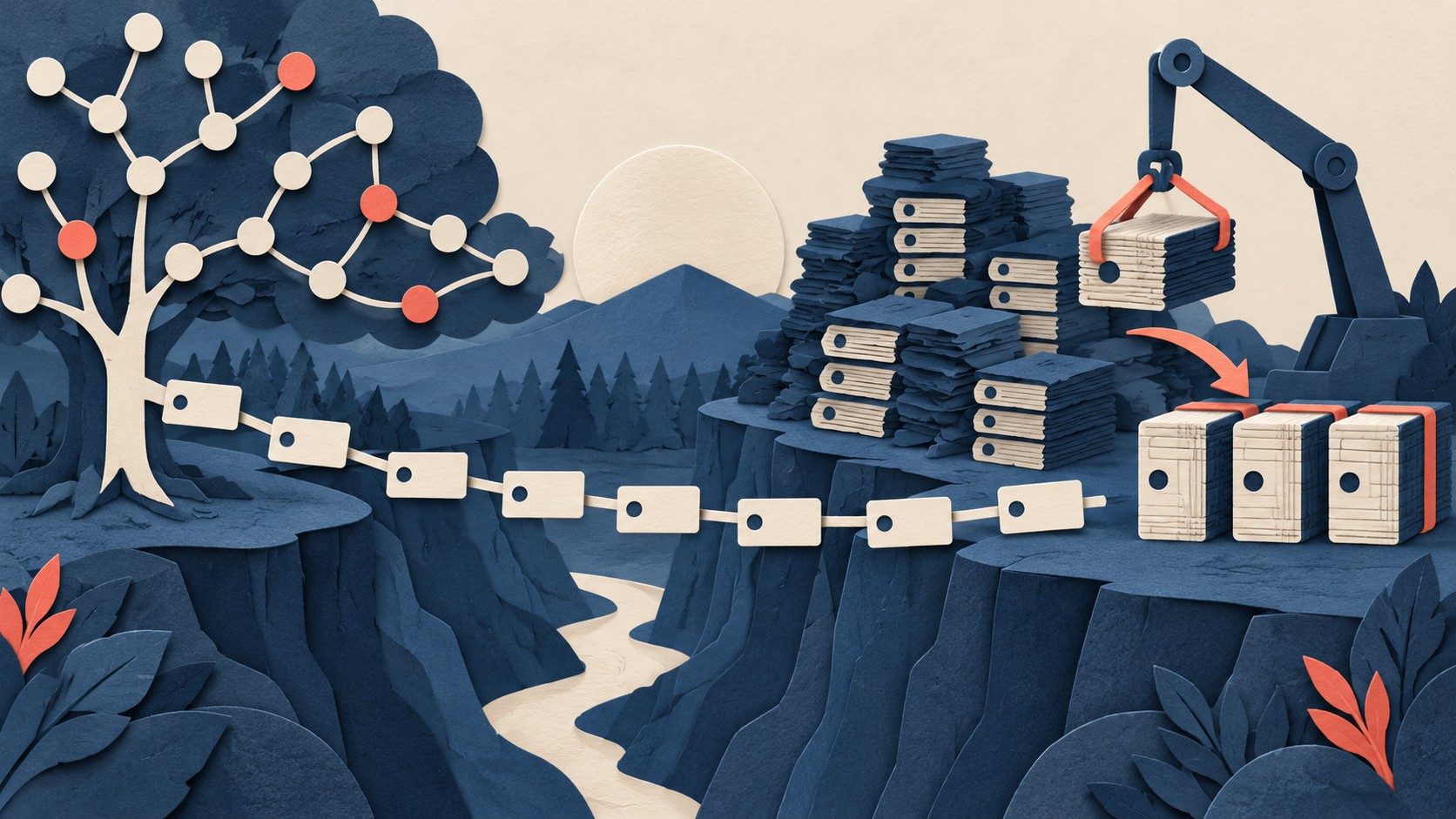 A branching history tree connects to stacks of records that a crane compacts into tidy blocks.