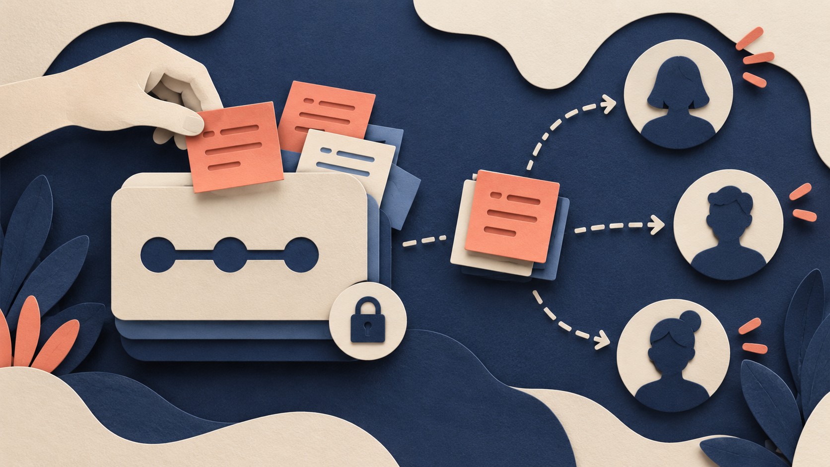 A hand adds a note beside a locked chain of commits, with copies sent to several readers.