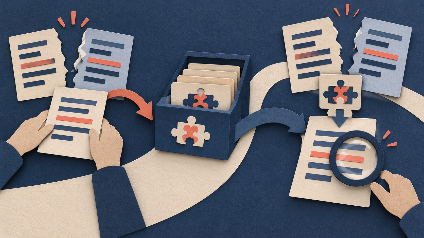 A resolved document is filed in a puzzle-marked box and later retrieved for a similar conflict.