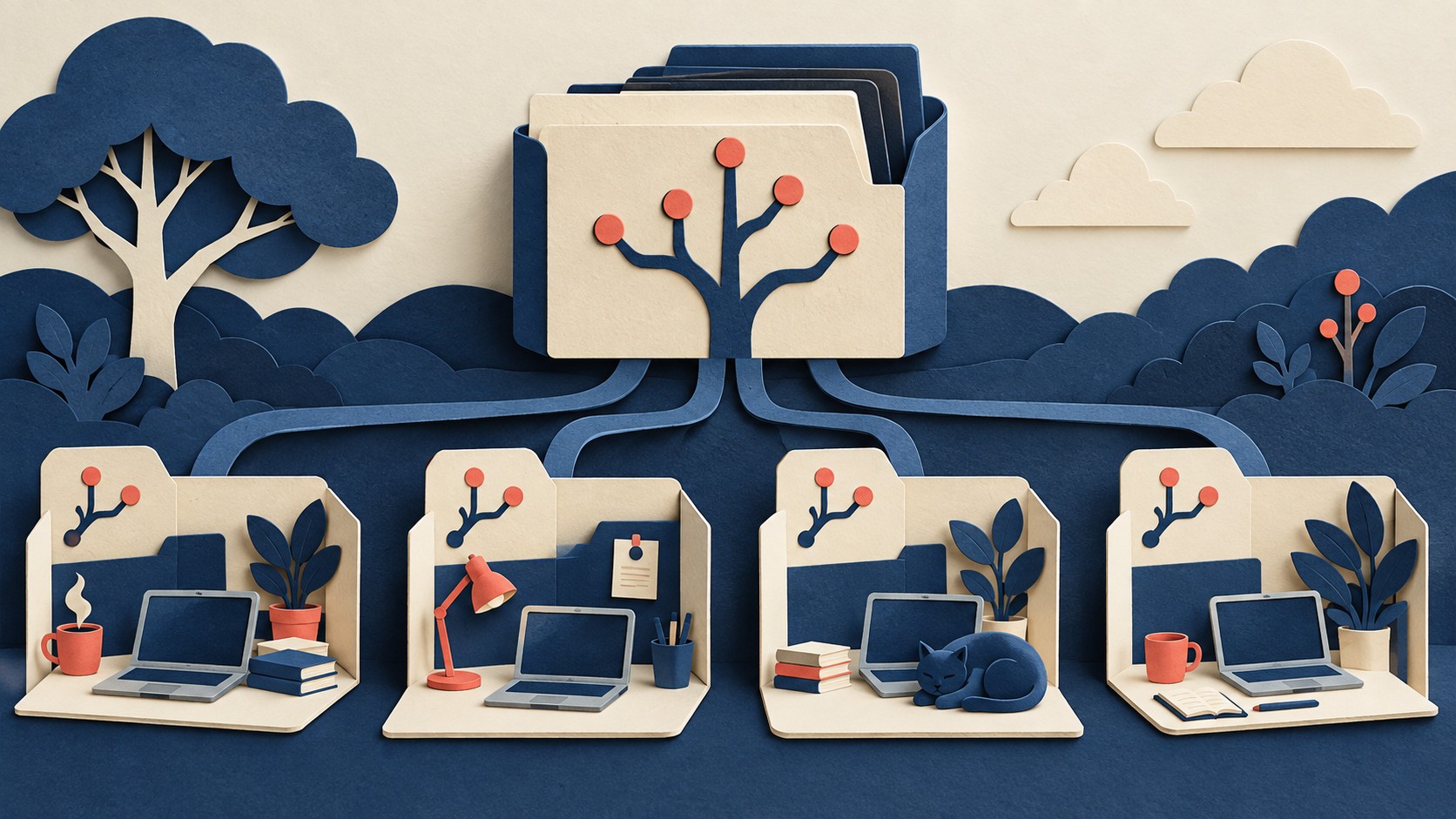 One repository of branches connects to four separate desks, each with its own laptop and folder.