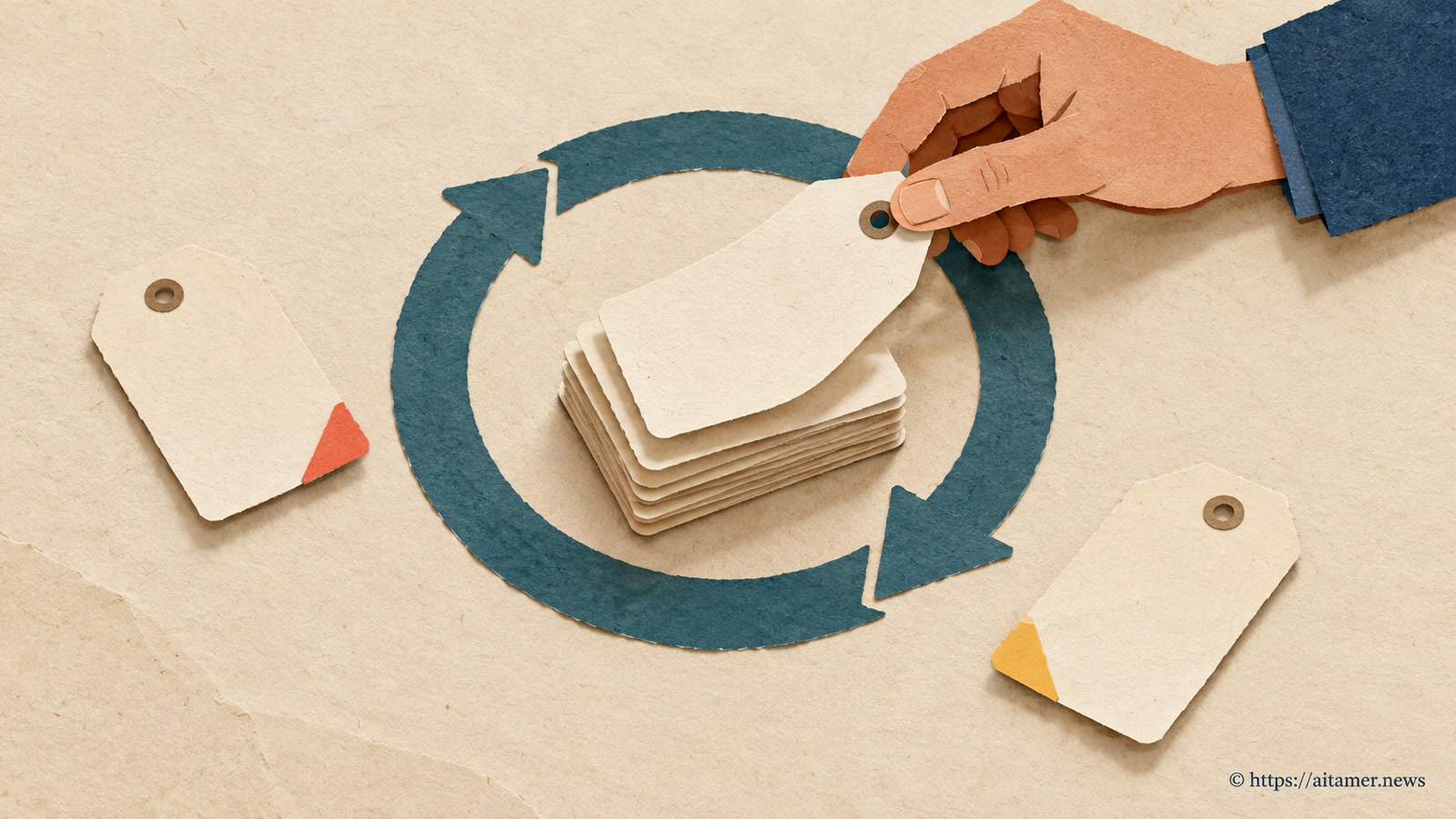 A paper hand peels a fresh tag from a pad inside a circular arrow while two separate tags lie outside the loop.