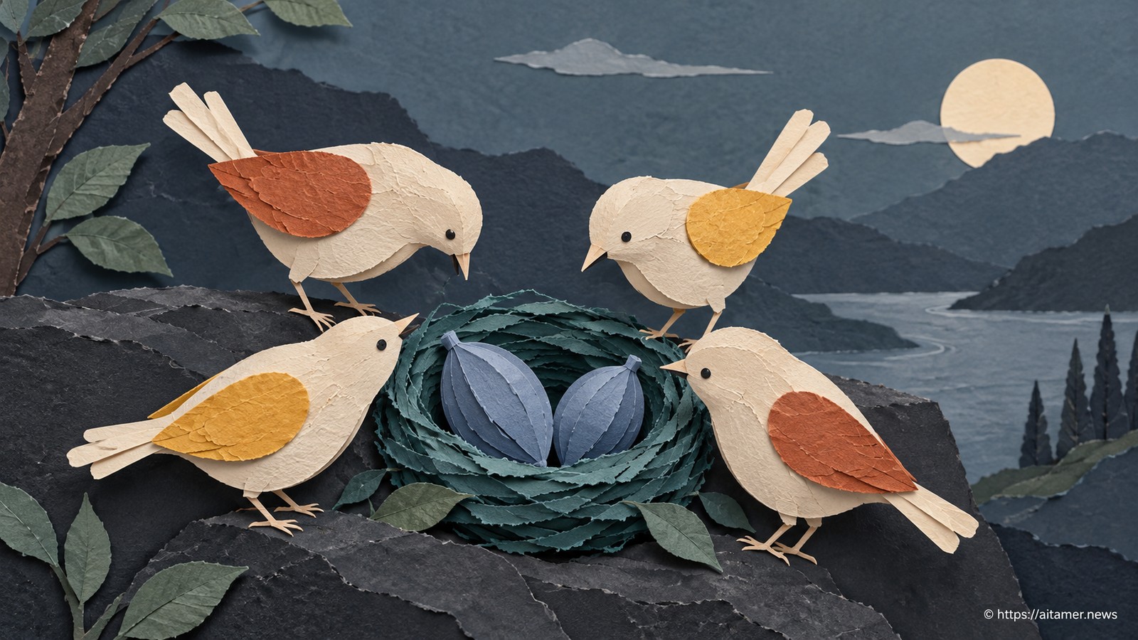 Four distinct paper birds inspect two shared blue seedpods in one teal nest.
