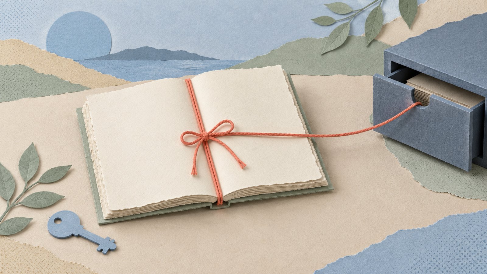 A blank paper ledger tied with coral thread leads toward an ajar drawer, ready for the next session.