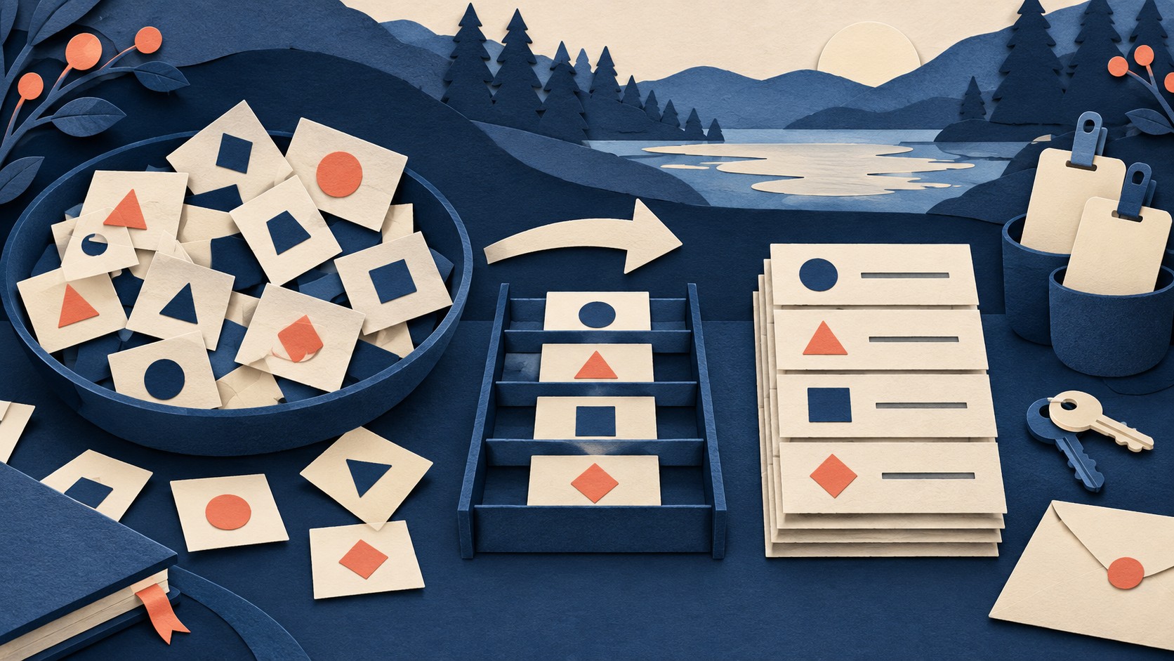 A jumble of shape cards becomes an ordered stack of cards beside a sorting tray.